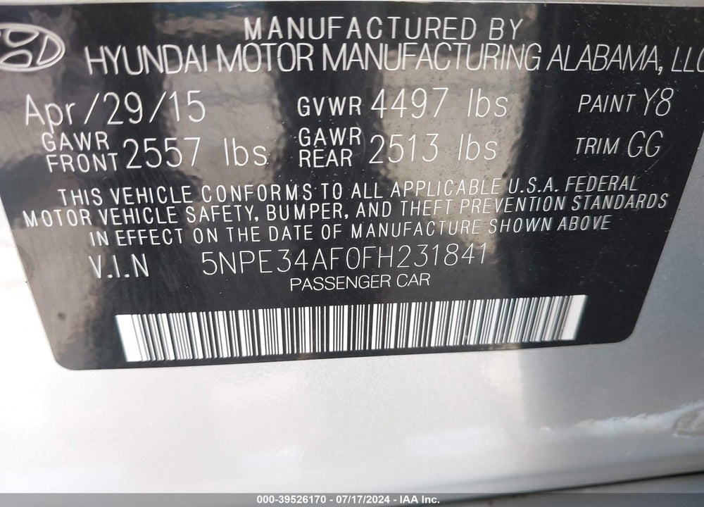 2015 HYUNDAI SONATA SPORT VIN: 5NPE34AF0FH231841