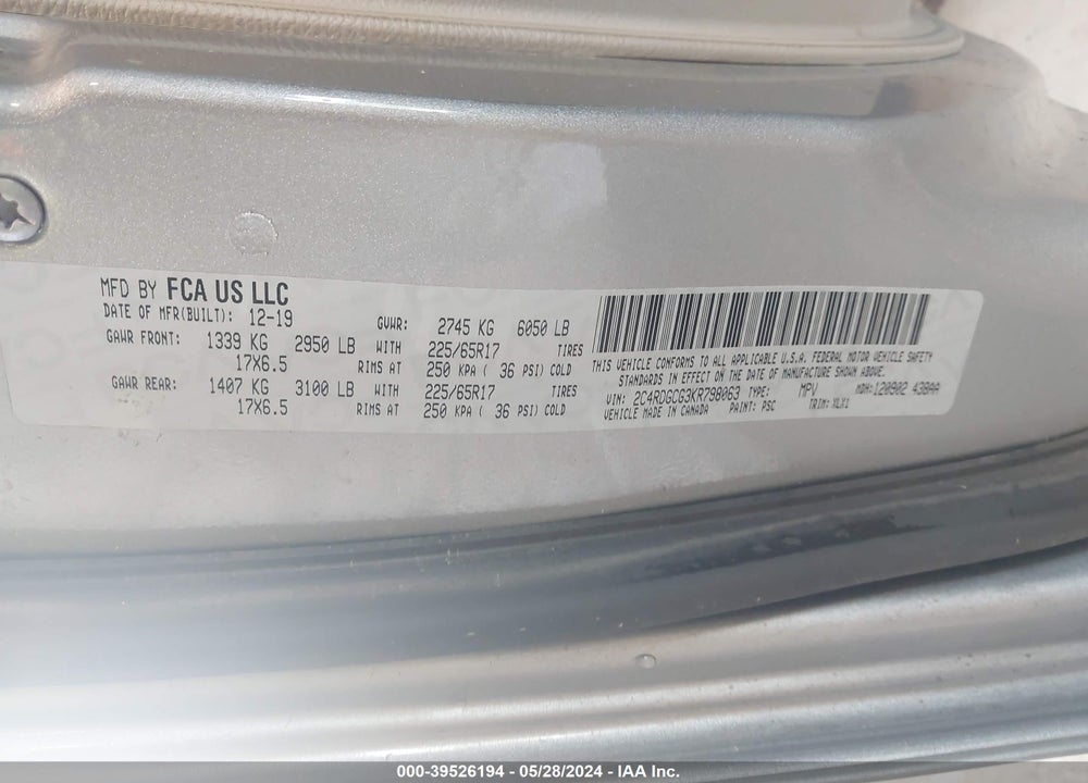 2019 DODGE GRAND CARAVAN SXT VIN: 2C4RDGCG3KR798063