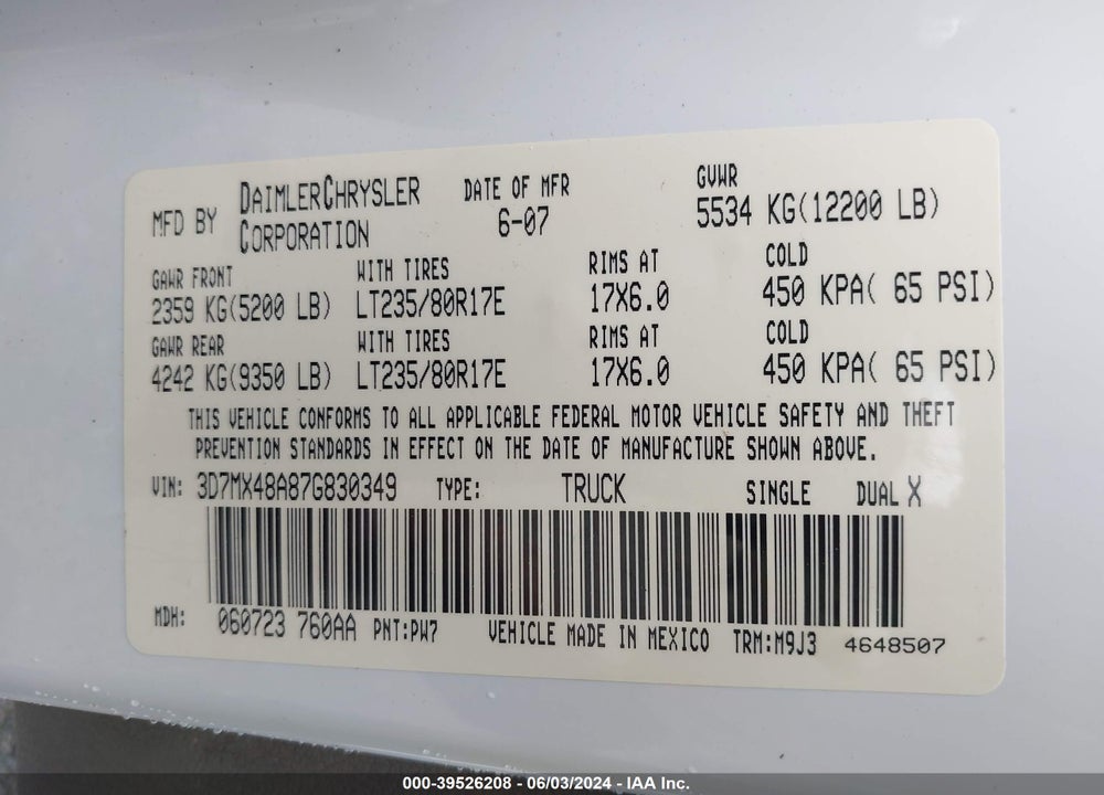 2007 DODGE RAM 3500 SLT/SPORT VIN: 3D7MX48A87G830349