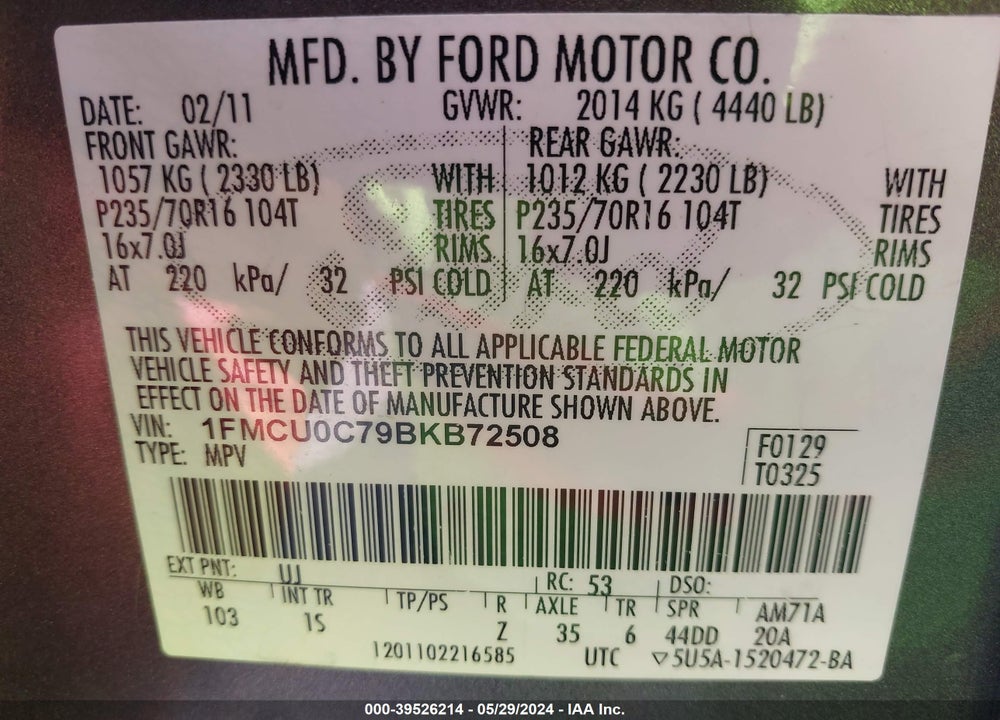 2011 FORD ESCAPE XLS VIN: 1FMCU0C79BKB72508