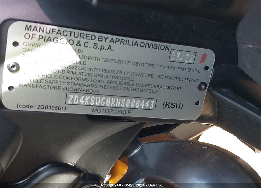 2022 APRILIA RS 660 VIN: ZD4KSUG0XNS000443