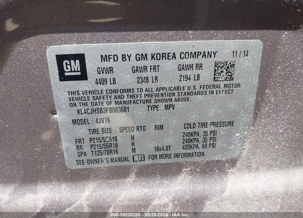 2015 BUICK ENCORE PREMIUM VIN: KL4CJHSB3FB083681