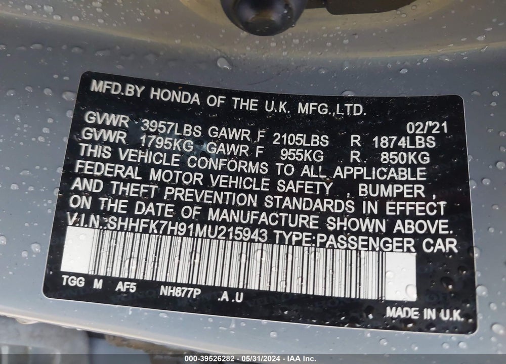 2021 HONDA CIVIC SPORT TOURING VIN: SHHFK7H91MU215943