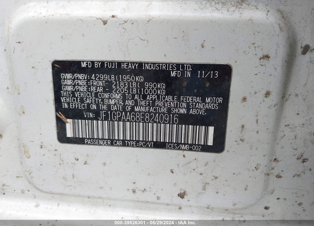 2014 SUBARU IMPREZA 2.0I VIN: JF1GPAA68E8240916