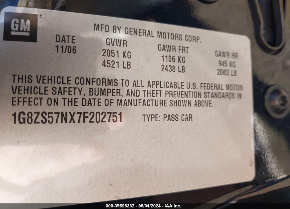 2007 SATURN AURA XE VIN: 1G8ZS57NX7F202751