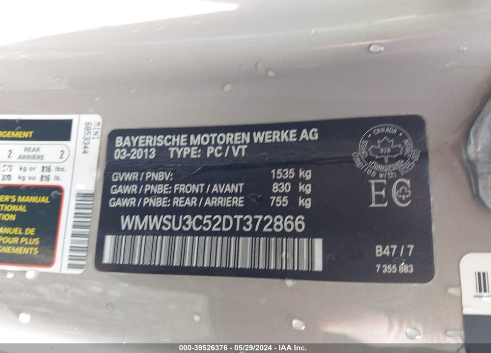 2013 MINI HARDTOP COOPER VIN: WMWSU3C52DT372866