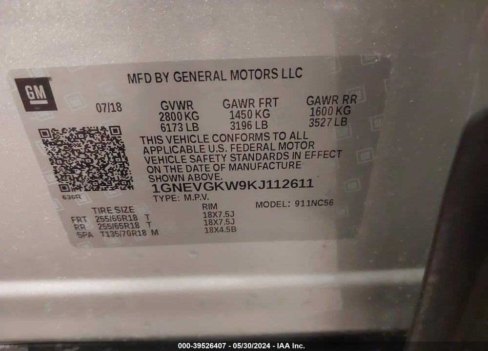 2019 CHEVROLET TRAVERSE 1LT VIN: 1GNEVGKW9KJ112611