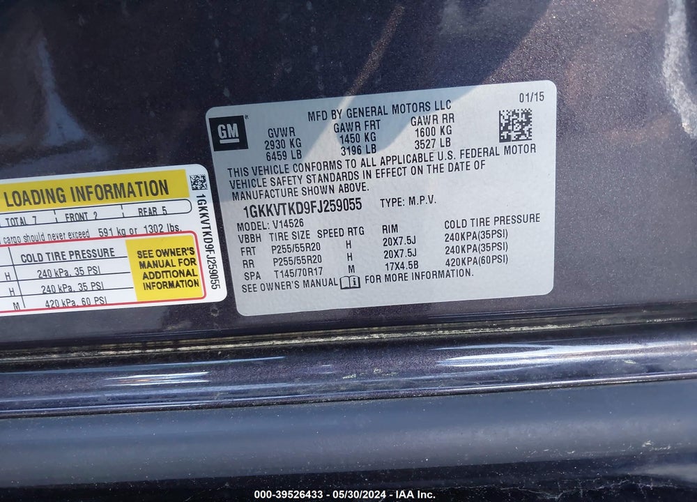 2015 GMC ACADIA DENALI VIN: 1GKKVTKD9FJ259055