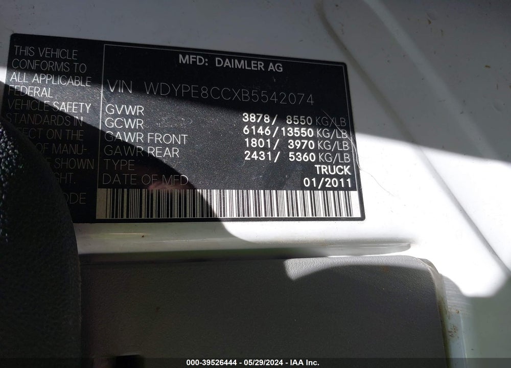 2011 SPRINTER 2500 VIN: WDYPE8CCXB5542074