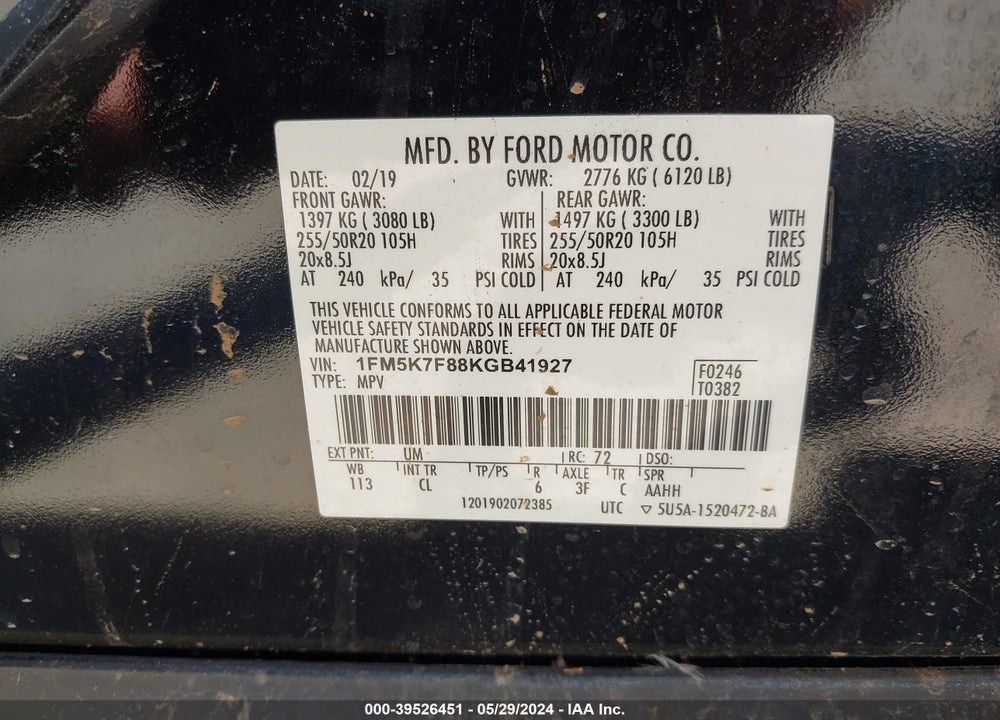 2019 FORD EXPLORER LIMITED VIN: 1FM5K7F88KGB41927