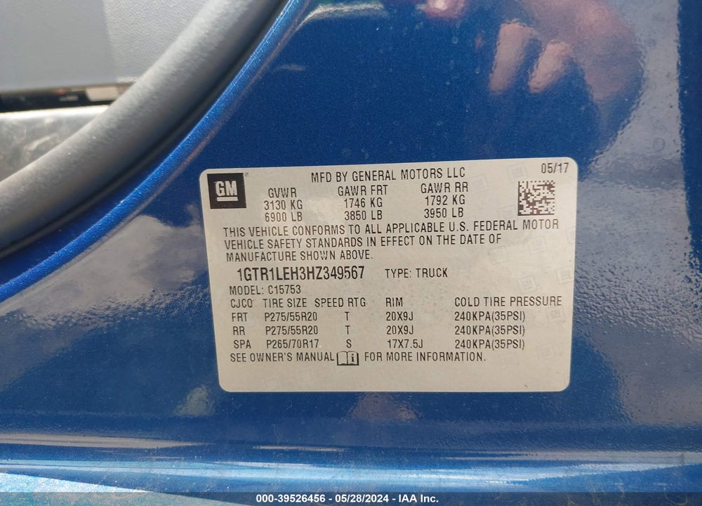 2017 GMC SIERRA 1500 VIN: 1GTR1LEH3HZ349567