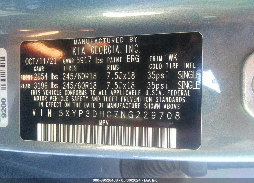 2022 KIA TELLURIDE EX VIN: 5XYP3DHC7NG229708