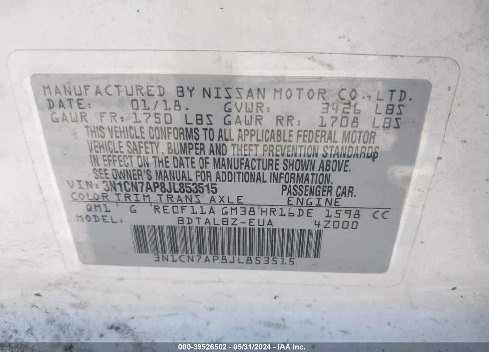 2018 NISSAN VERSA 1.6 SV VIN: 3N1CN7AP8JL853515