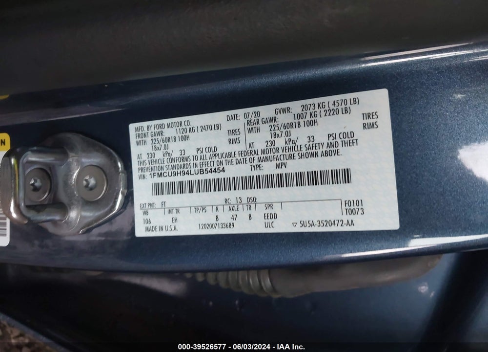 2020 FORD ESCAPE SEL VIN: 1FMCU9H94LUB54454