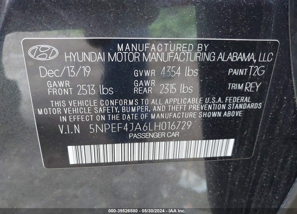 2020 HYUNDAI SONATA SEL VIN: 5NPEF4JA6LH016729