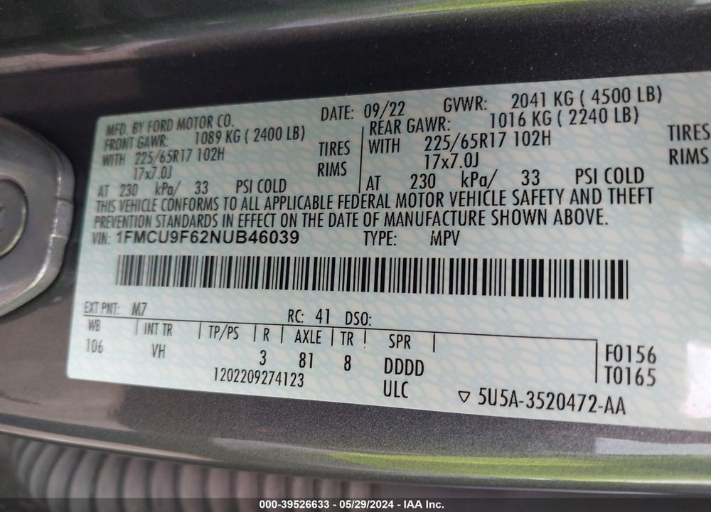 2022 FORD ESCAPE S VIN: 1FMCU9F62NUB46039