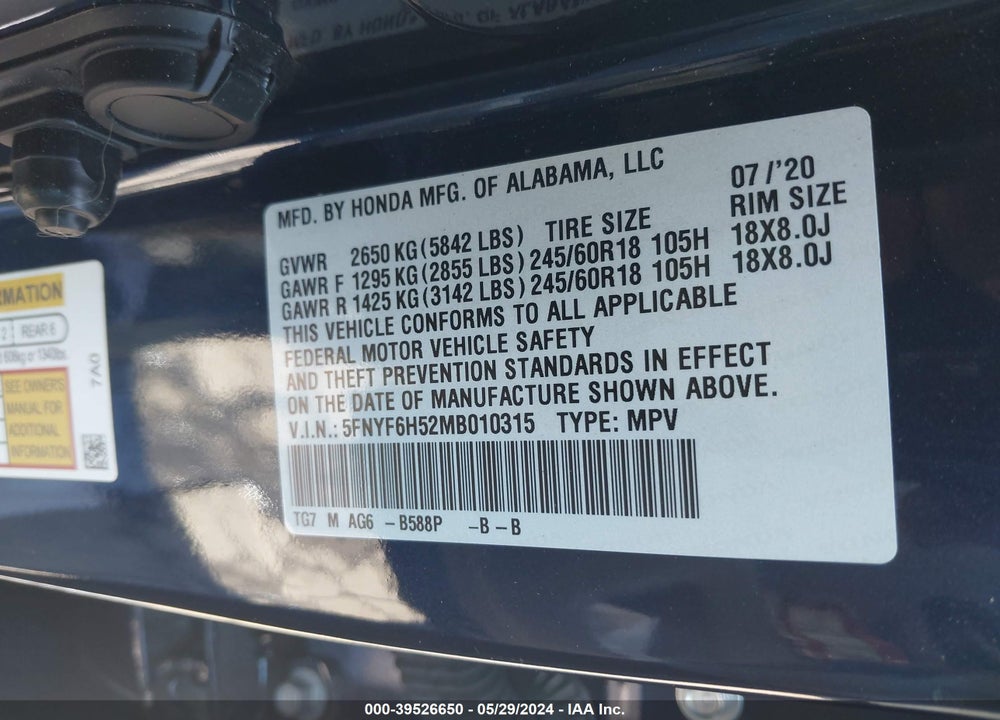 2021 HONDA PILOT AWD EX-L VIN: 5FNYF6H52MB010315
