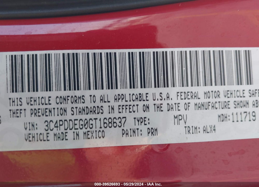 2016 DODGE JOURNEY R/T VIN: 3C4PDDEG0GT168637