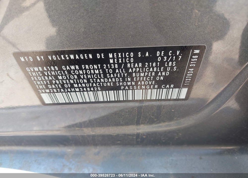 2017 VOLKSWAGEN JETTA 1.4T S VIN: 3VW2B7AJ4HM348425
