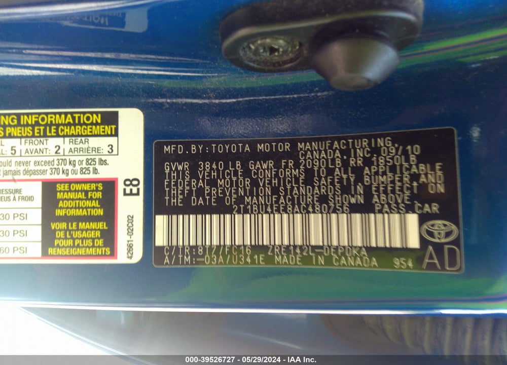 2010 TOYOTA COROLLA LE VIN: 2T1BU4EE8AC480756