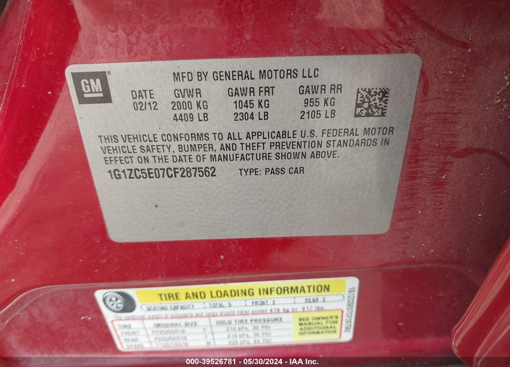 2012 CHEVROLET MALIBU 1LT VIN: 1G1ZC5E07CF287562