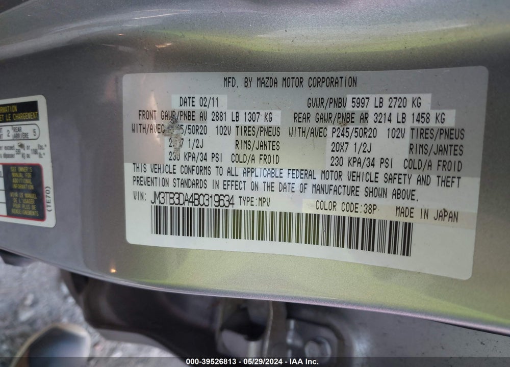 2011 MAZDA CX-9 GRAND TOURING VIN: JM3TB3DA4B0319634