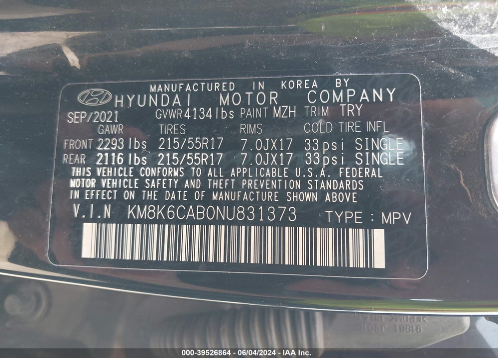 2022 HYUNDAI KONA SEL VIN: KM8K6CAB0NU831373