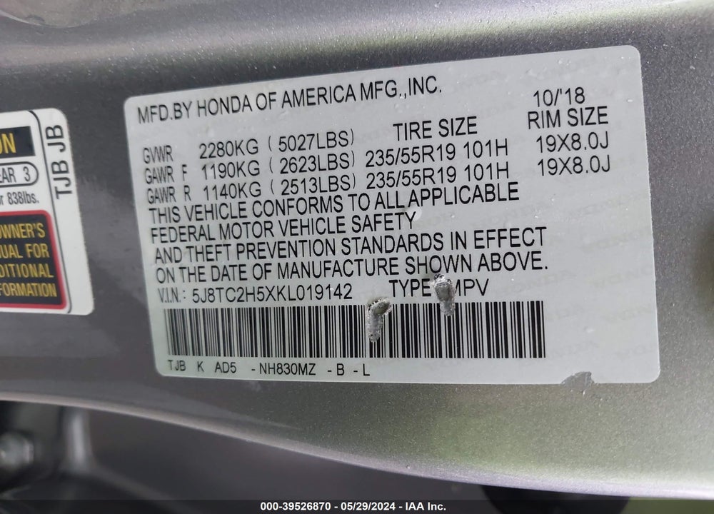 2019 ACURA RDX TECHNOLOGY PACKAGE VIN: 5J8TC2H5XKL019142