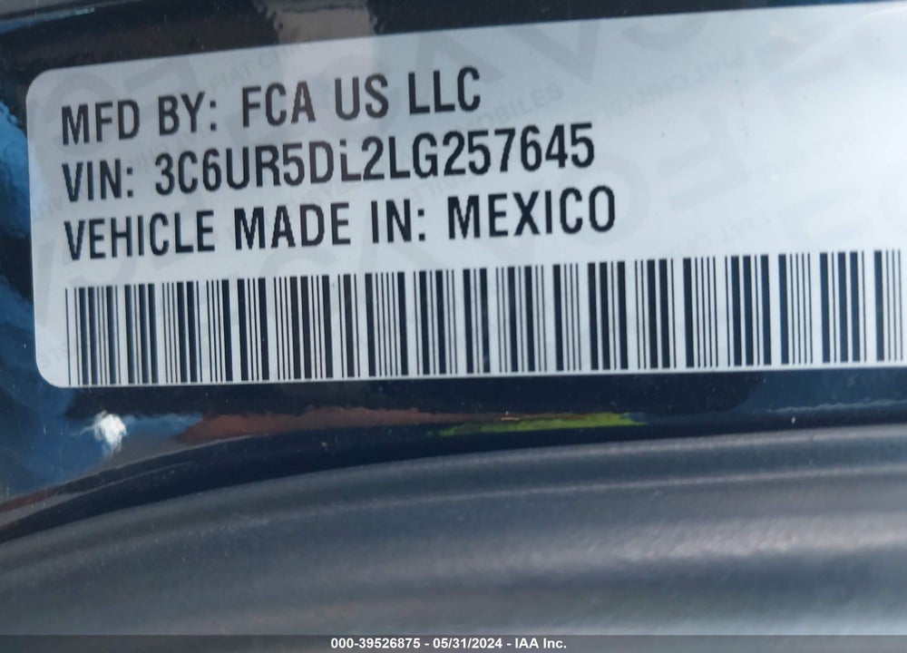 2020 RAM 2500 BIG HORN 4X4 6'4 BOX VIN: 3C6UR5DL2LG257645