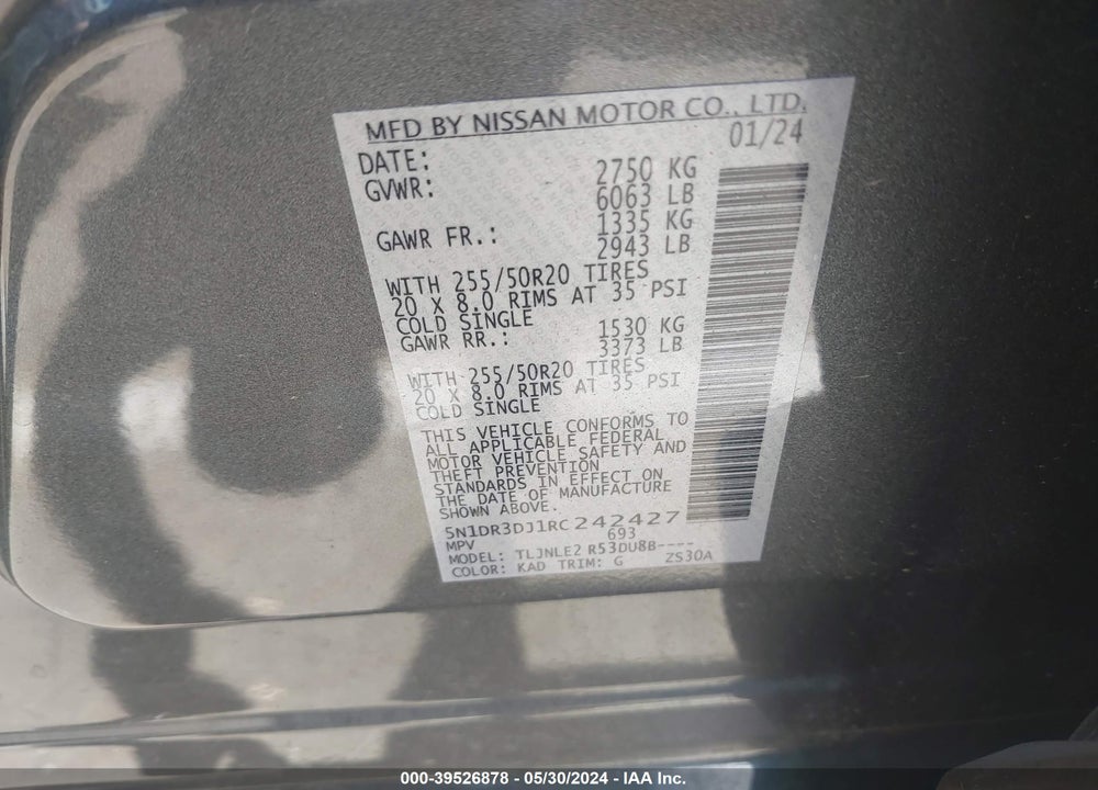 2024 NISSAN PATHFINDER PLATINUM 4WD VIN: 5N1DR3DJ1RC242427