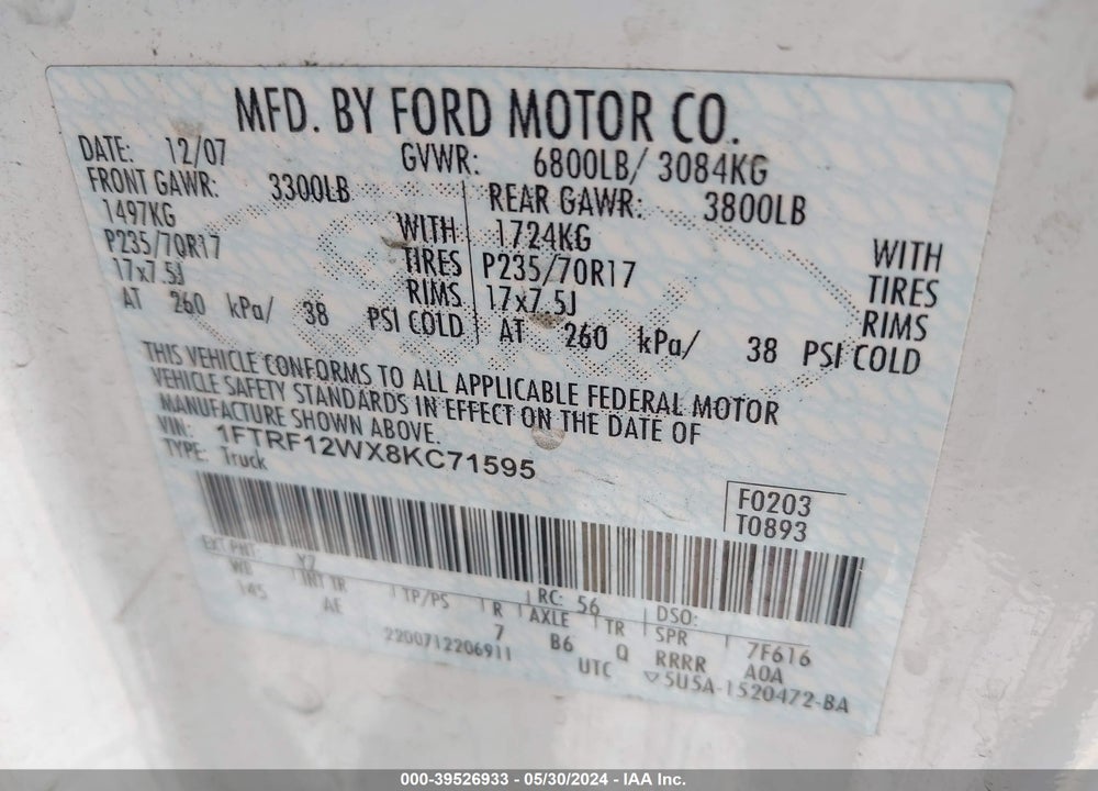 2008 FORD F-150 FX2/STX/XL/XLT VIN: 1FTRF12WX8KC71595