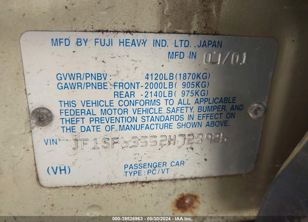 2002 SUBARU FORESTER L VIN: JF1SF63552H728926