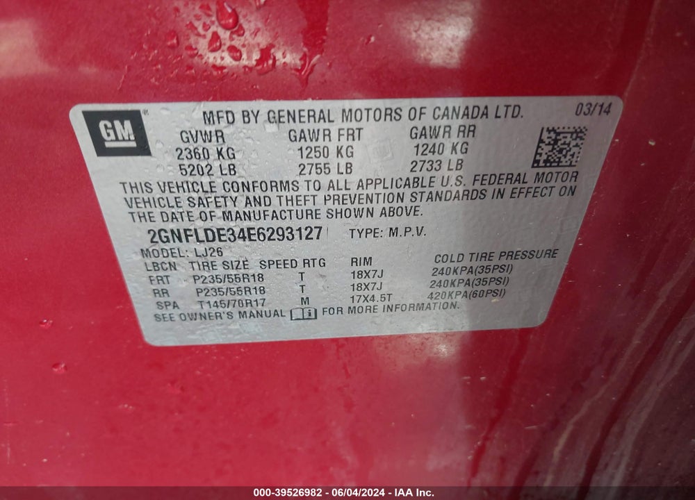 2014 CHEVROLET EQUINOX LTZ VIN: 2GNFLDE34E6293127