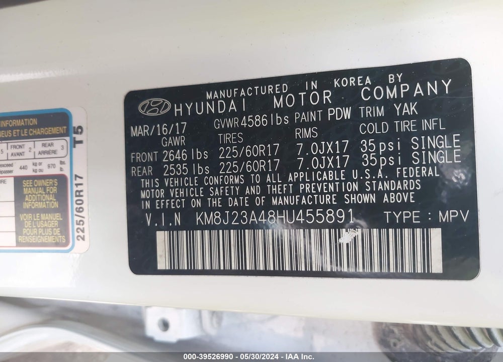 2017 HYUNDAI TUCSON VIN: KM8J23A48HU455891