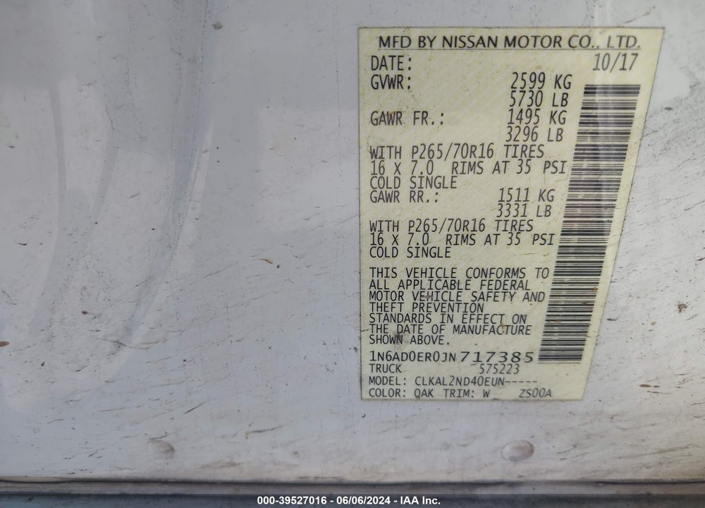 2018 NISSAN FRONTIER SV VIN: 1N6AD0ER0JN717385