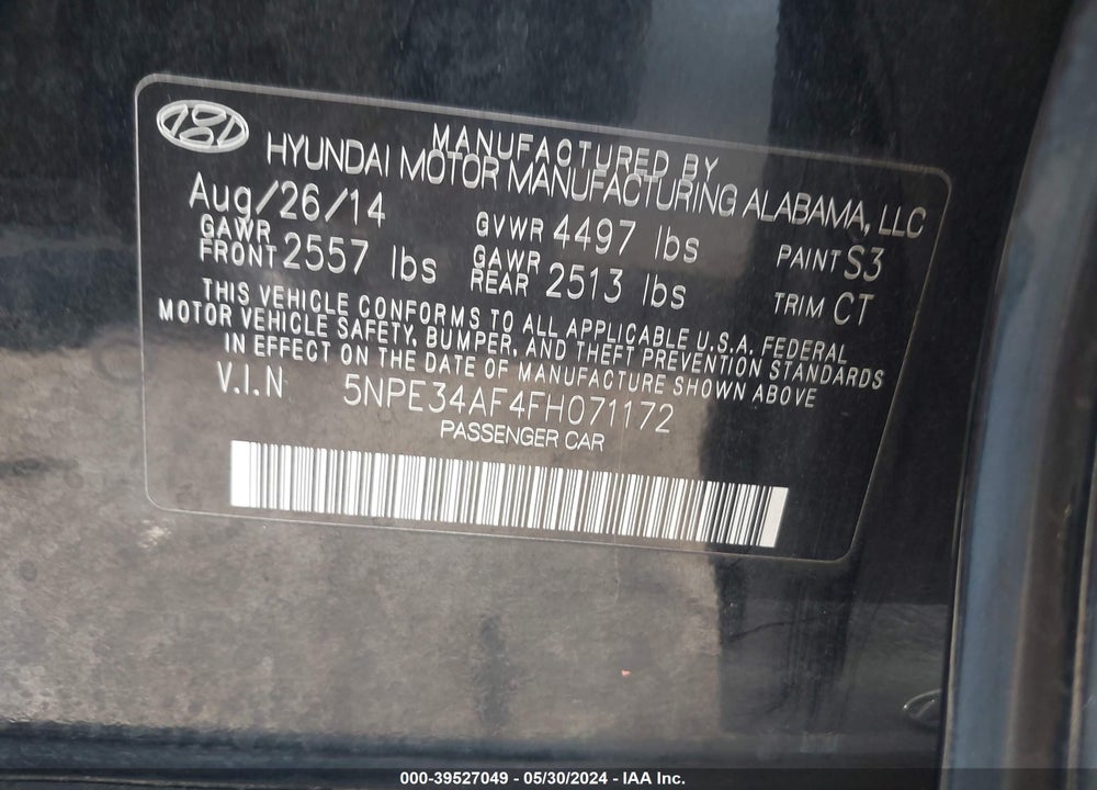 2015 HYUNDAI SONATA SPORT VIN: 5NPE34AF4FH071172