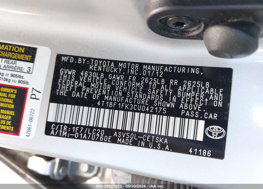 2012 TOYOTA CAMRY SE VIN: 4T1BF1FK3CU042175