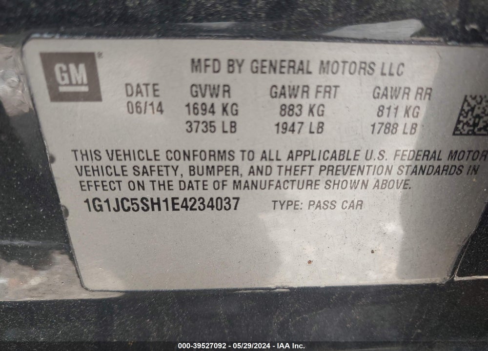 2014 CHEVROLET SONIC LT AUTO VIN: 1G1JC5SH1E4234037