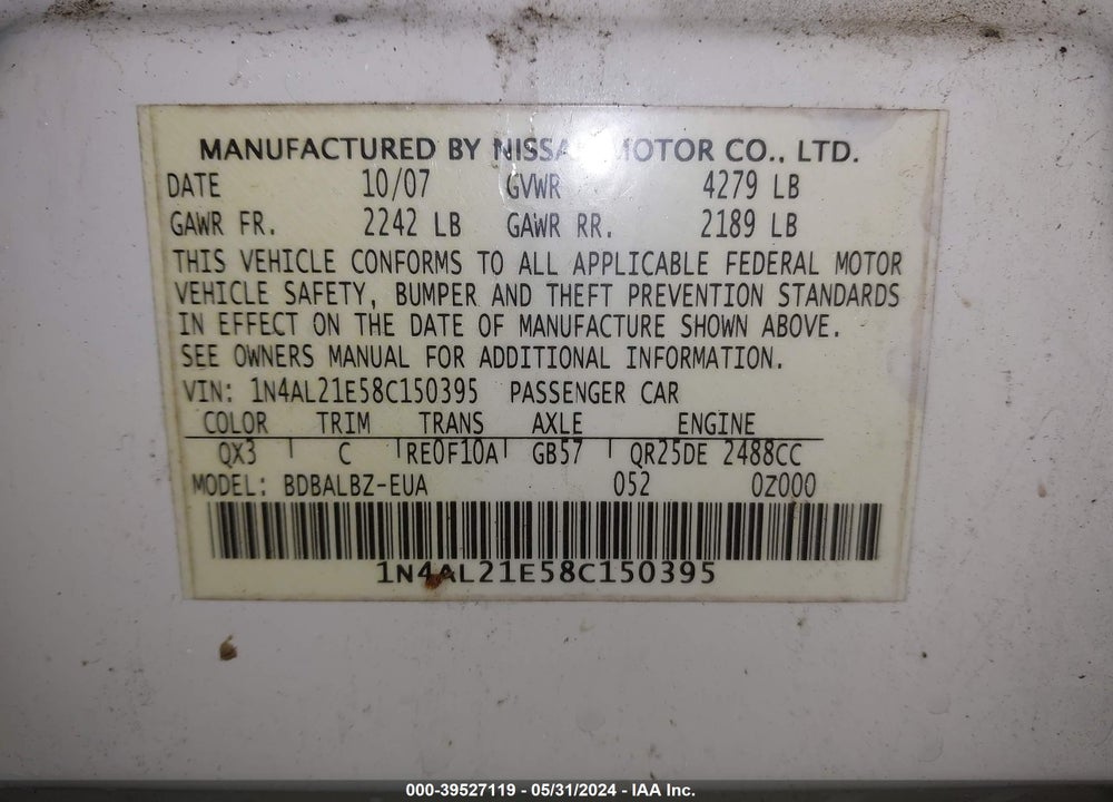 2008 NISSAN ALTIMA 2.5 S VIN: 1N4AL21E58C150395