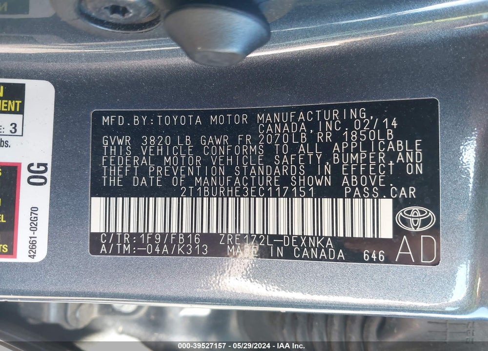 2014 TOYOTA COROLLA LE VIN: 2T1BURHE3EC117151