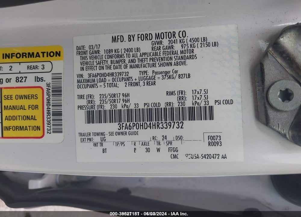2017 FORD FUSION VIN: 3FA6P0HD4HR339732