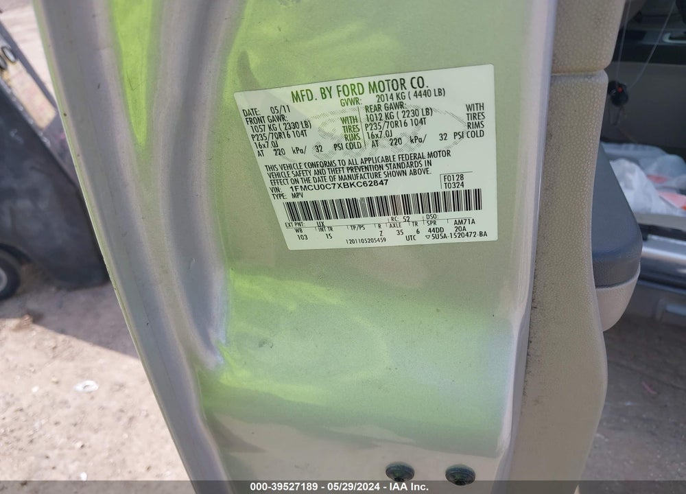 2011 FORD ESCAPE XLS VIN: 1FMCU0C7XBKC62847