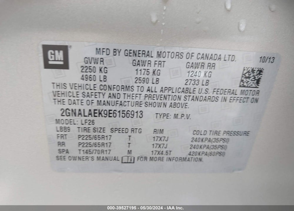 2014 CHEVROLET EQUINOX LS VIN: 2GNALAEK9E6156913