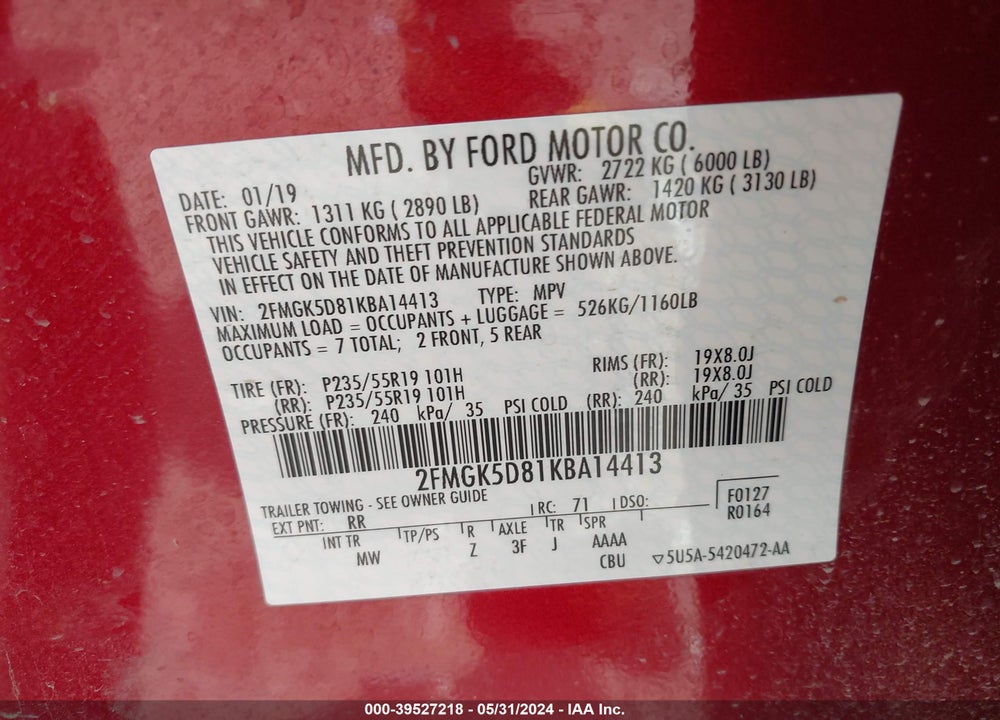 2019 FORD FLEX LIMITED VIN: 2FMGK5D81KBA14413