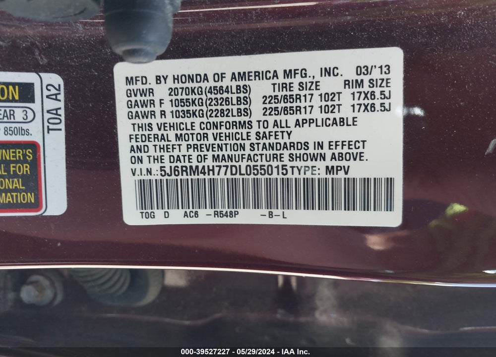 2013 HONDA CR-V EX-L VIN: 5J6RM4H77DL055015