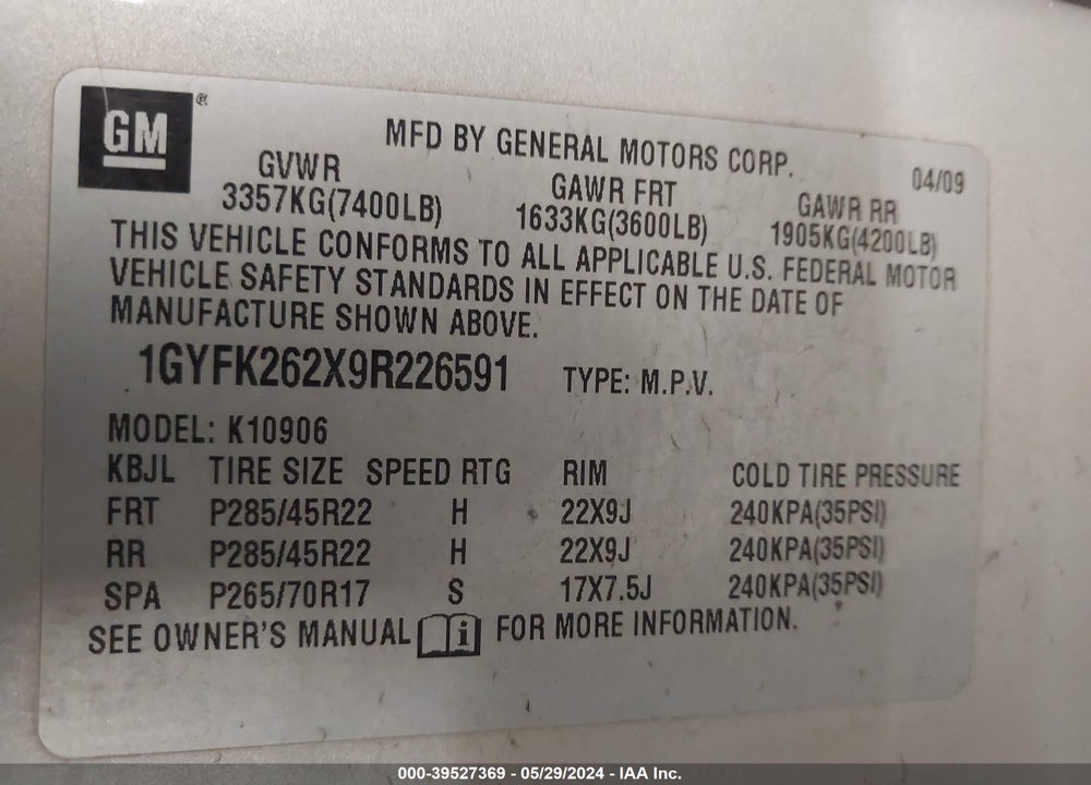 2009 CADILLAC ESCALADE ESV STANDARD VIN: 1GYFK262X9R226591
