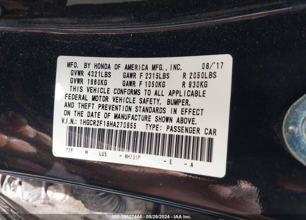 2017 HONDA ACCORD SPORT SE VIN: 1HGCR2F18HA270955