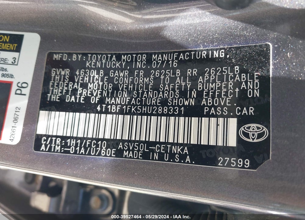 2017 TOYOTA CAMRY LE VIN: 4T1BF1FK5HU288331