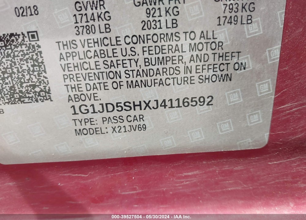 2018 CHEVROLET SONIC LT AUTO VIN: 1G1JD5SHXJ4116592