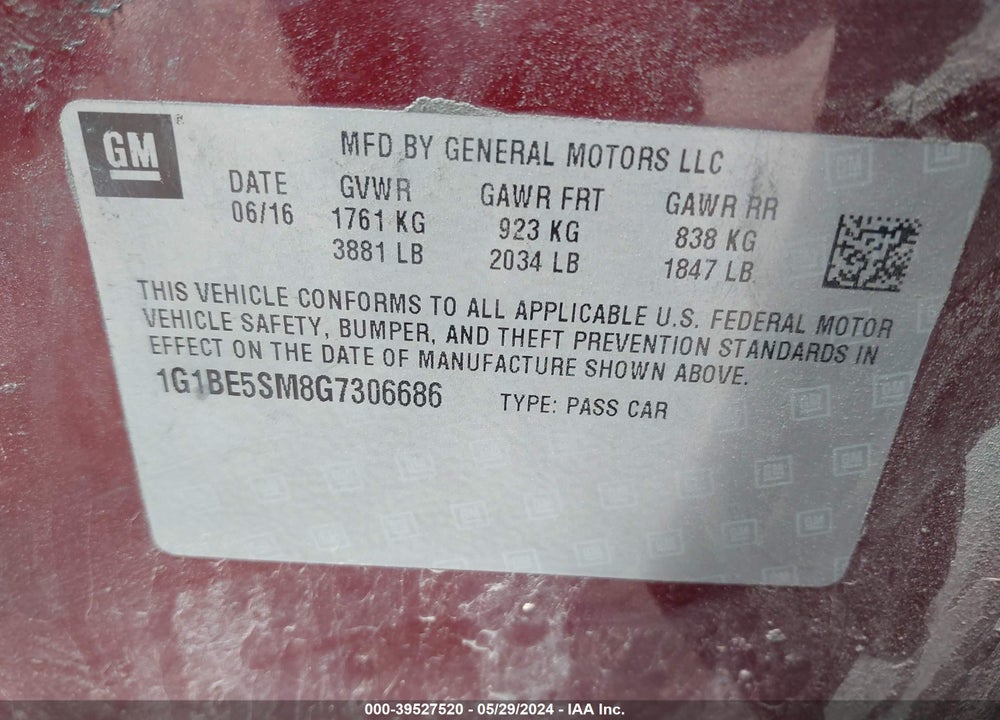 2016 CHEVROLET CRUZE LT AUTO VIN: 1G1BE5SM8G7306686